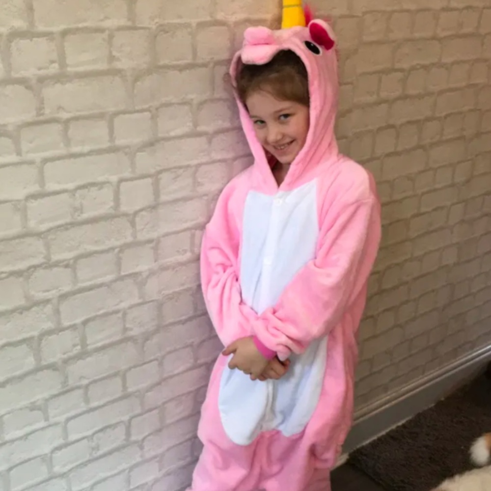 Girls Pink Unicorn Hoodie Button Suit Costume Pajamas Size 6-8 Y One Piece EUC